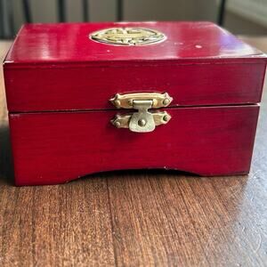 Vintage Chinese rosewood jewelry box red lacquered finish and brass hardware